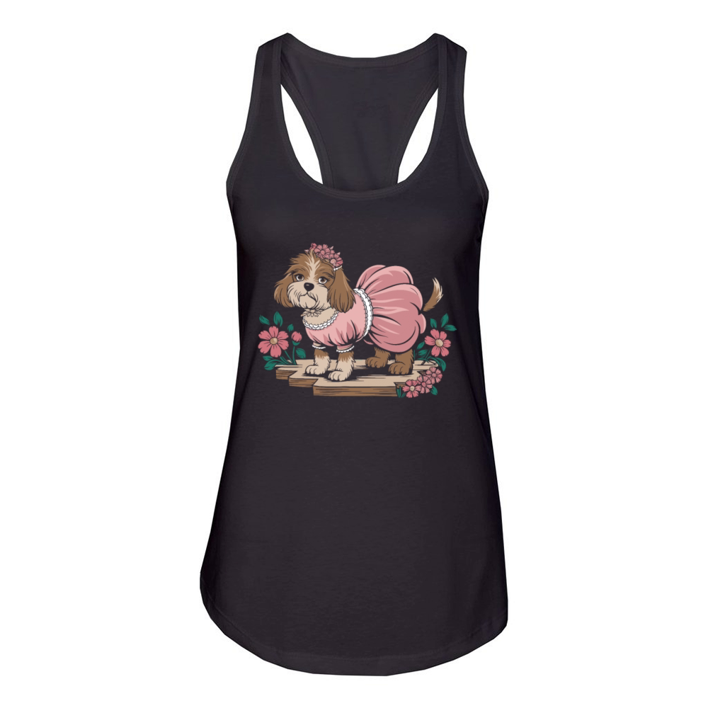 Cottagecore Dog in Pink Dress with Flowers Women's Racerback Tank