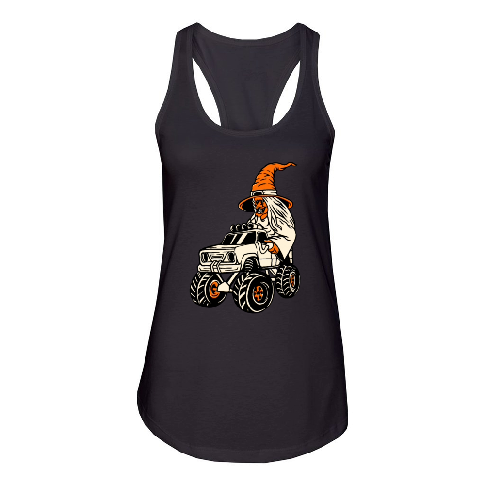 Vintage Halloween Witch Driving a Monster Hot Rod Women's Racerback Tank