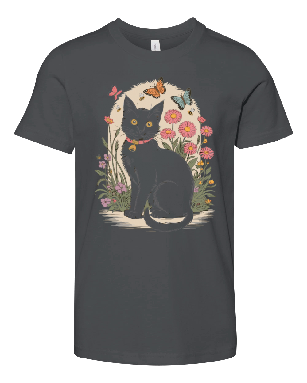 Cottagecore Black Cat with Butterflies and Flowers Youth Unisex Jersey Tee