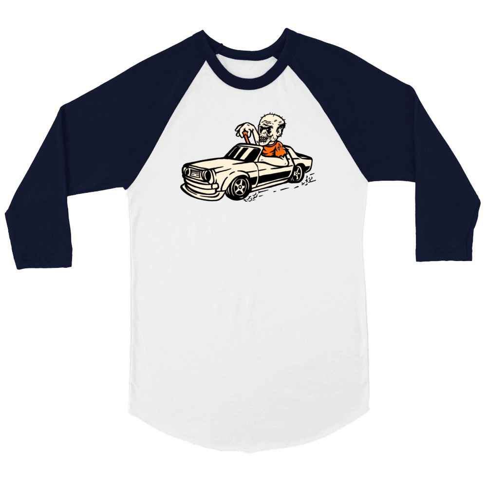 Vintage Halloween Hot Rod Car with Zombie Driver Unisex ¾ sleeve Raglan T-shirt