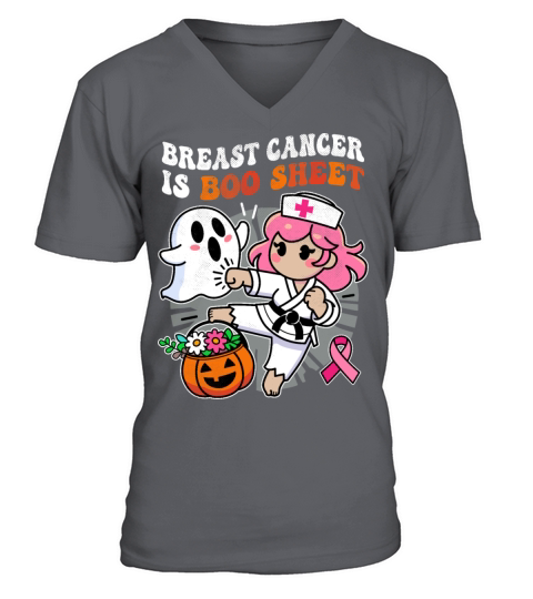 Nurse Breast Cancer Ghost Halloween Awareness V-Neck T-shirt