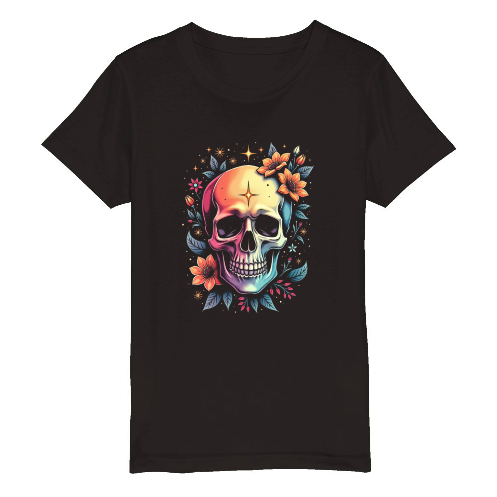 Colorful Skull Design Organic Kids Crewneck T-shirt