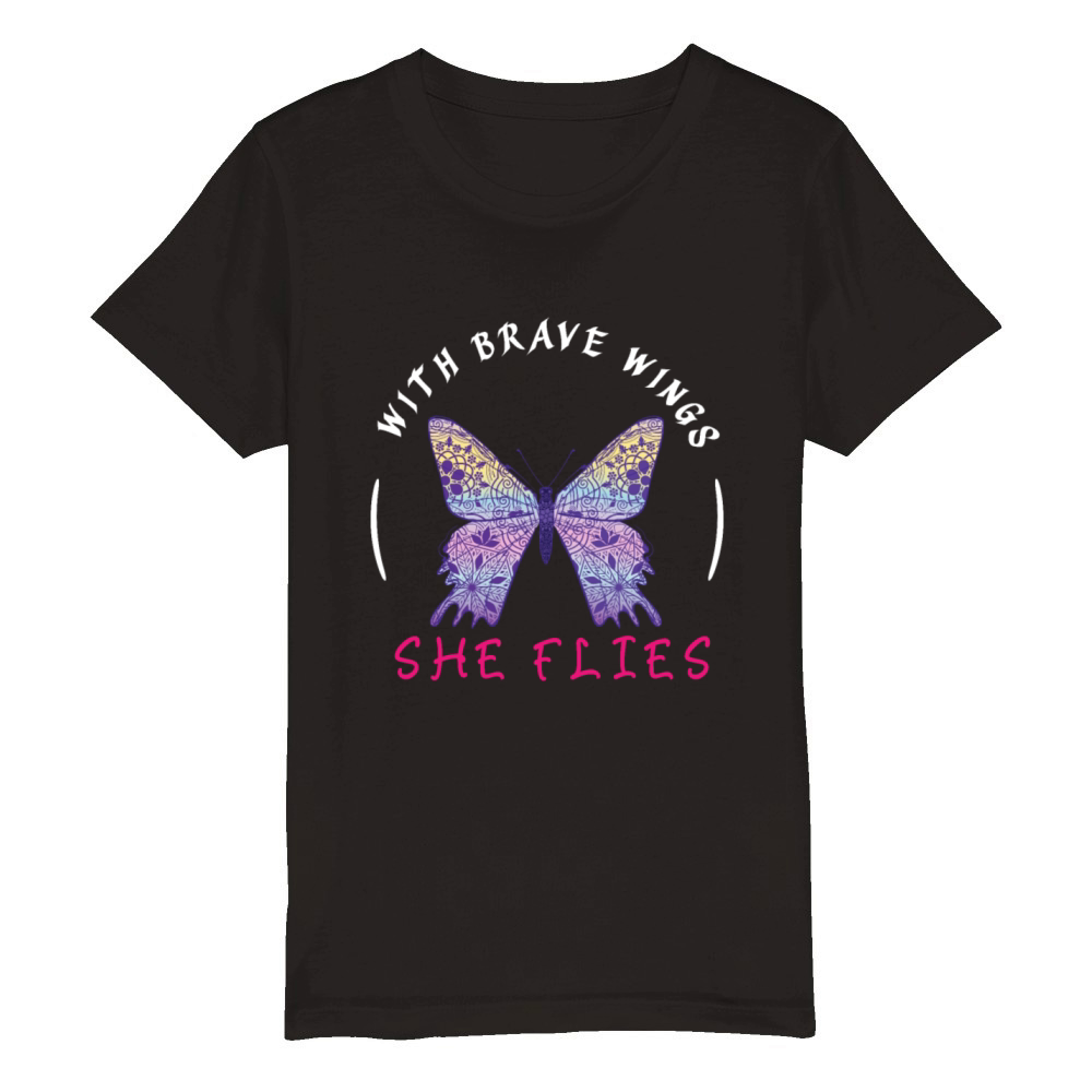 Purple Butterfly Tee With Brave Wings She Flies T Organic Kids Crewneck T-shirt
