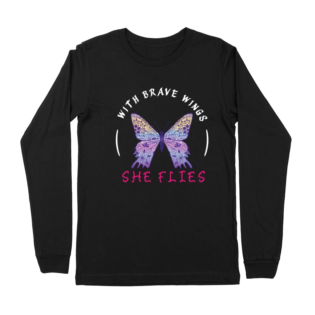 Purple Butterfly Tee With Brave Wings She Flies T Premium Long Sleeve