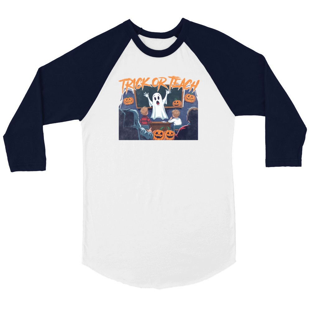 Trick or Teach for Teachers Halloween Vintage Ghos Unisex ¾ sleeve Raglan T-shirt