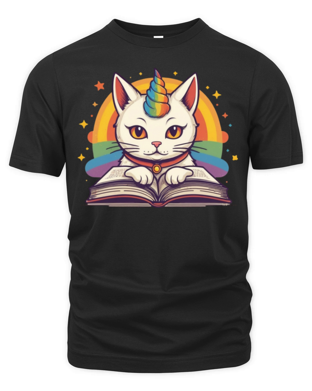 Retro Doodle Cat with Rainbow Horns - Reading Time Organic Unisex T-shirt
