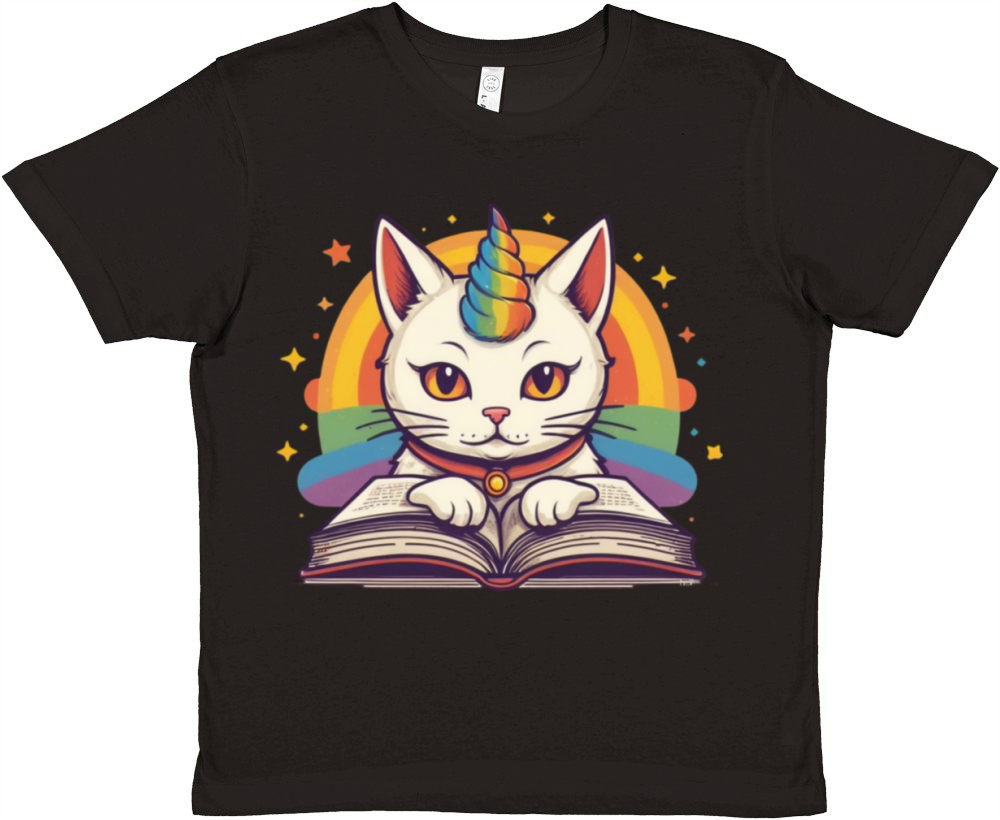 Retro Doodle Cat with Rainbow Horns - Reading Time Premium Kids Crewneck T-shirt