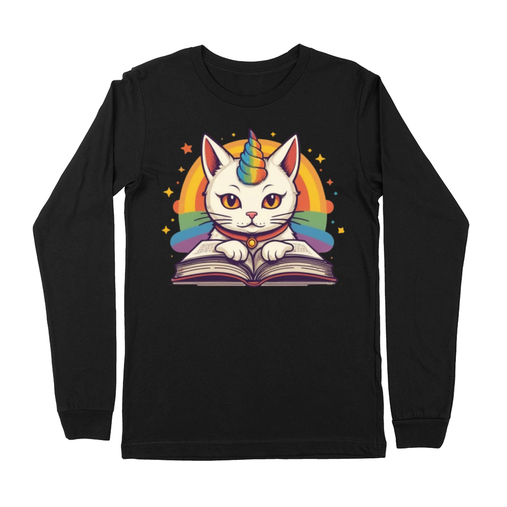Retro Doodle Cat with Rainbow Horns - Reading Time Premium Long Sleeve
