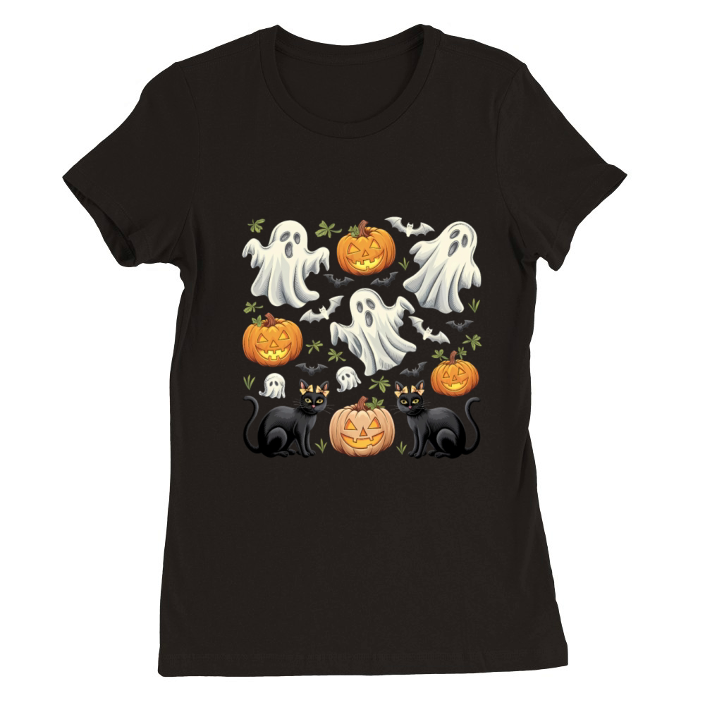 Spooky Ghosts and Pumpkins Halloween Vintage Premium Womens Crewneck T-shirt