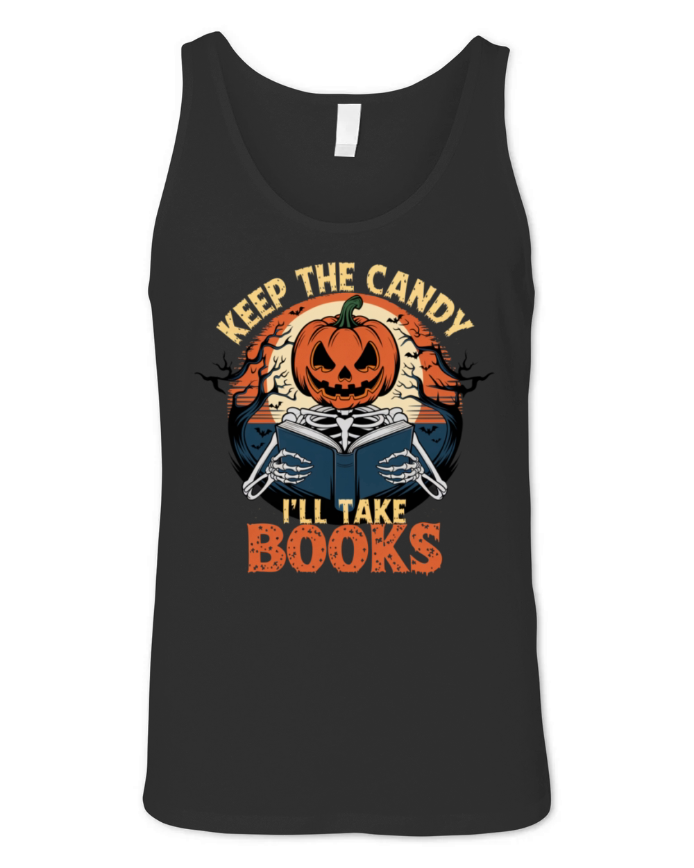 Vintage Halloween Pumpkin Skeleton Book Lover Unisex Jersey Tank