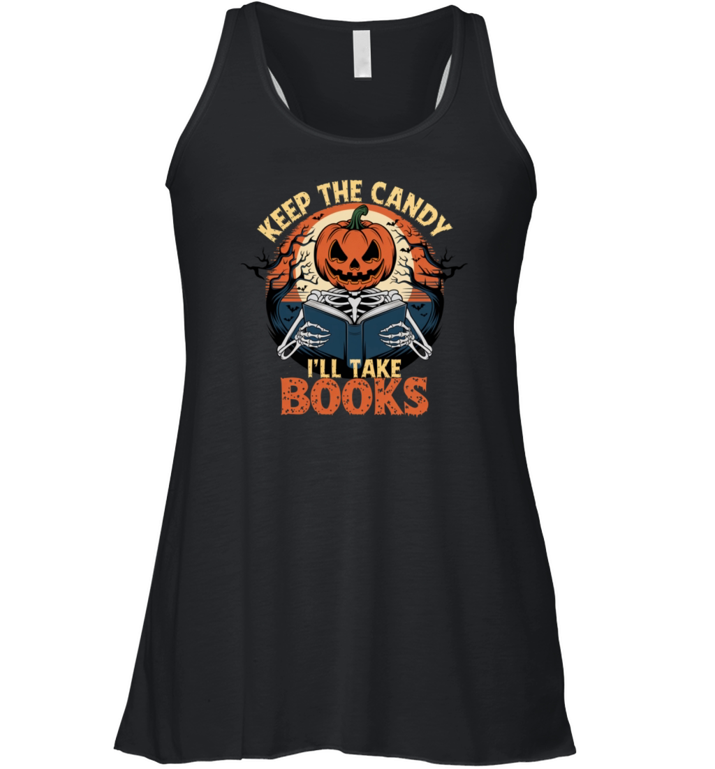 Vintage Halloween Pumpkin Skeleton Book Lover Women's Flowy Tank Top