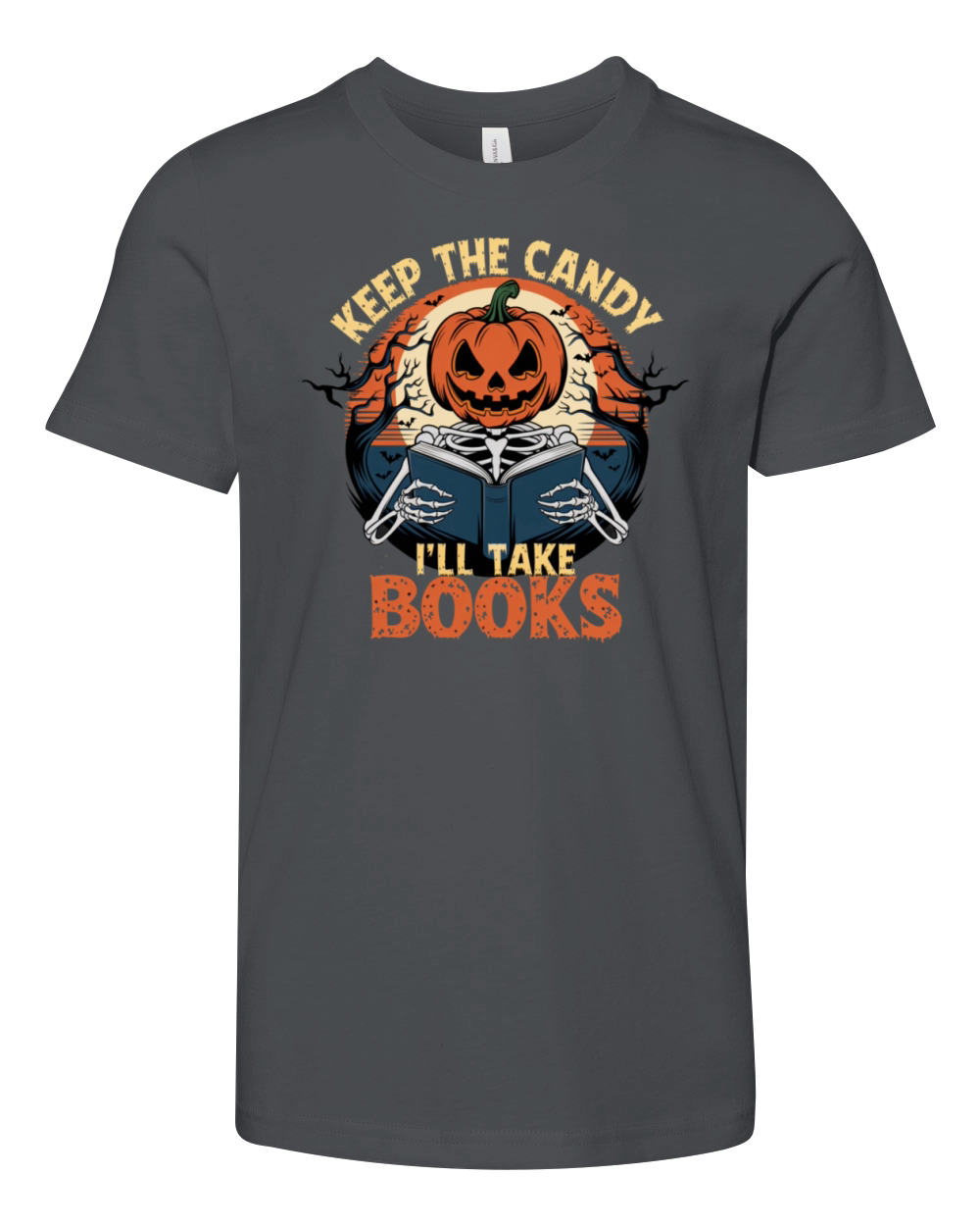 Vintage Halloween Pumpkin Skeleton Book Lover Youth Unisex Jersey Tee