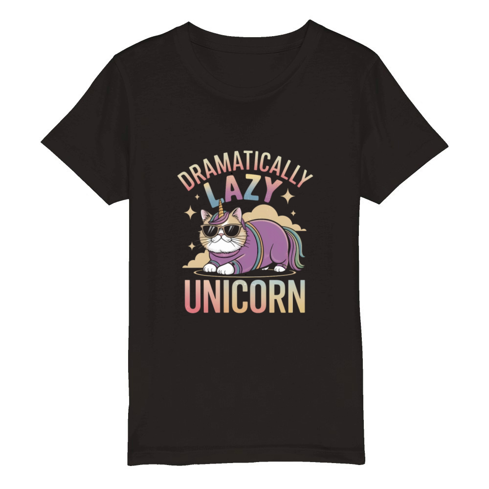 Lazy Unicorn Cat Enjoying Magical Rainbow Days Organic Kids Crewneck T-shirt