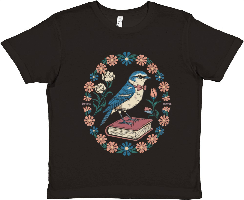 Cottagecore Bluebird on Book with Floral Frame Premium Kids Crewneck T-shirt