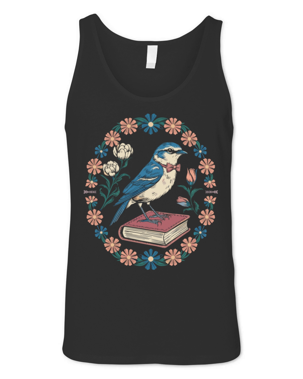 Cottagecore Bluebird on Book with Floral Frame Unisex Jersey Tank