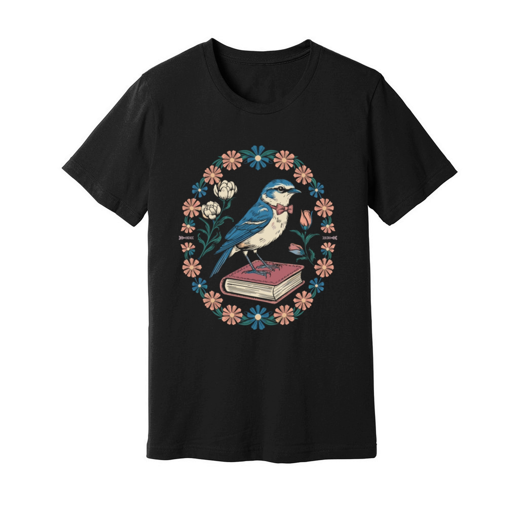 Cottagecore Bluebird on Book with Floral Frame Unisex Jersey Tee
