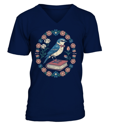 Cottagecore Bluebird on Book with Floral Frame V-Neck T-shirt