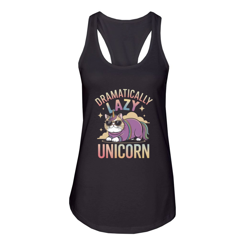 Lazy Unicorn Cat Enjoying Magical Rainbow Days Women's Racerback Tank