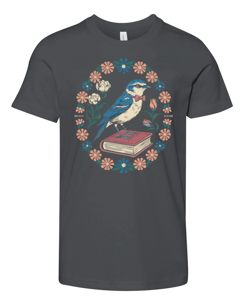 Cottagecore Bluebird on Book with Floral Frame Youth Unisex Jersey Tee