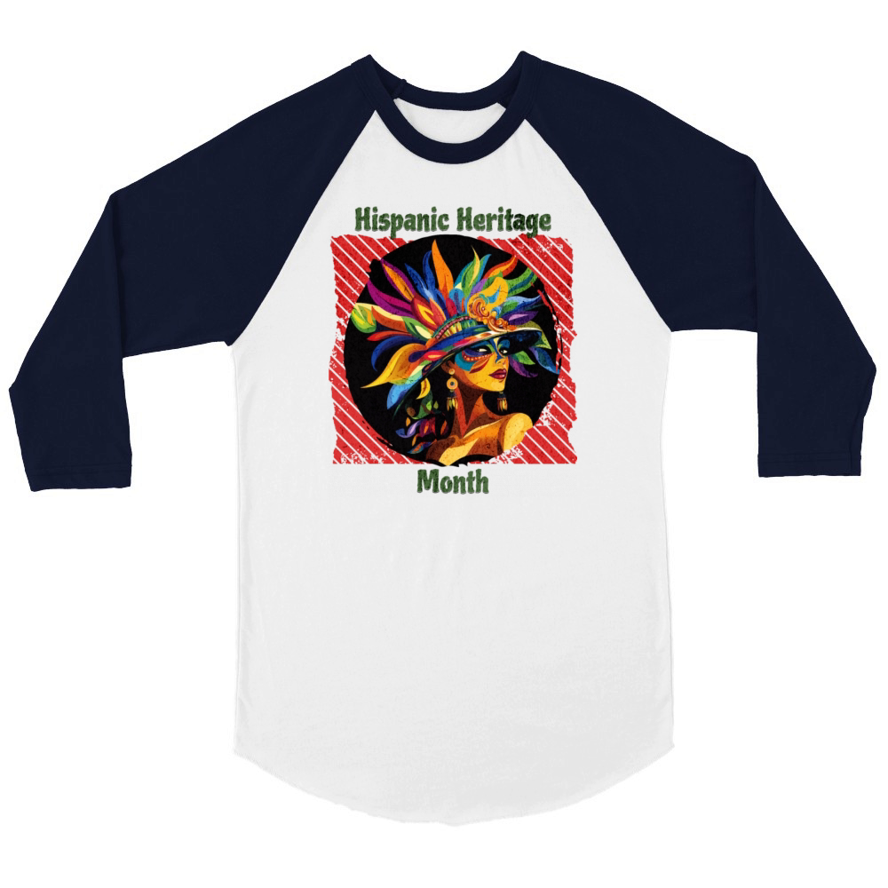 Elegant Hispanic Heritage Month Feathered Mask Unisex ¾ sleeve Raglan T-shirt