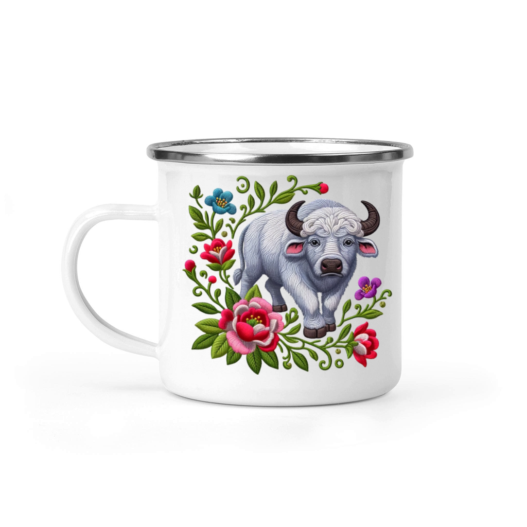 Charming Buffalo with Floral Ornaments Camping Mug
