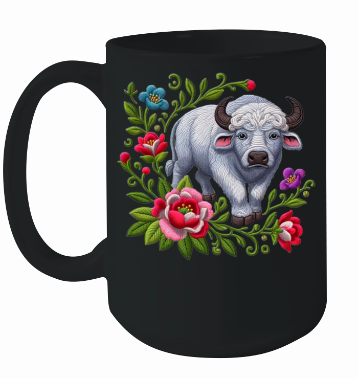 Charming Buffalo with Floral Ornaments Ceramic Mug
