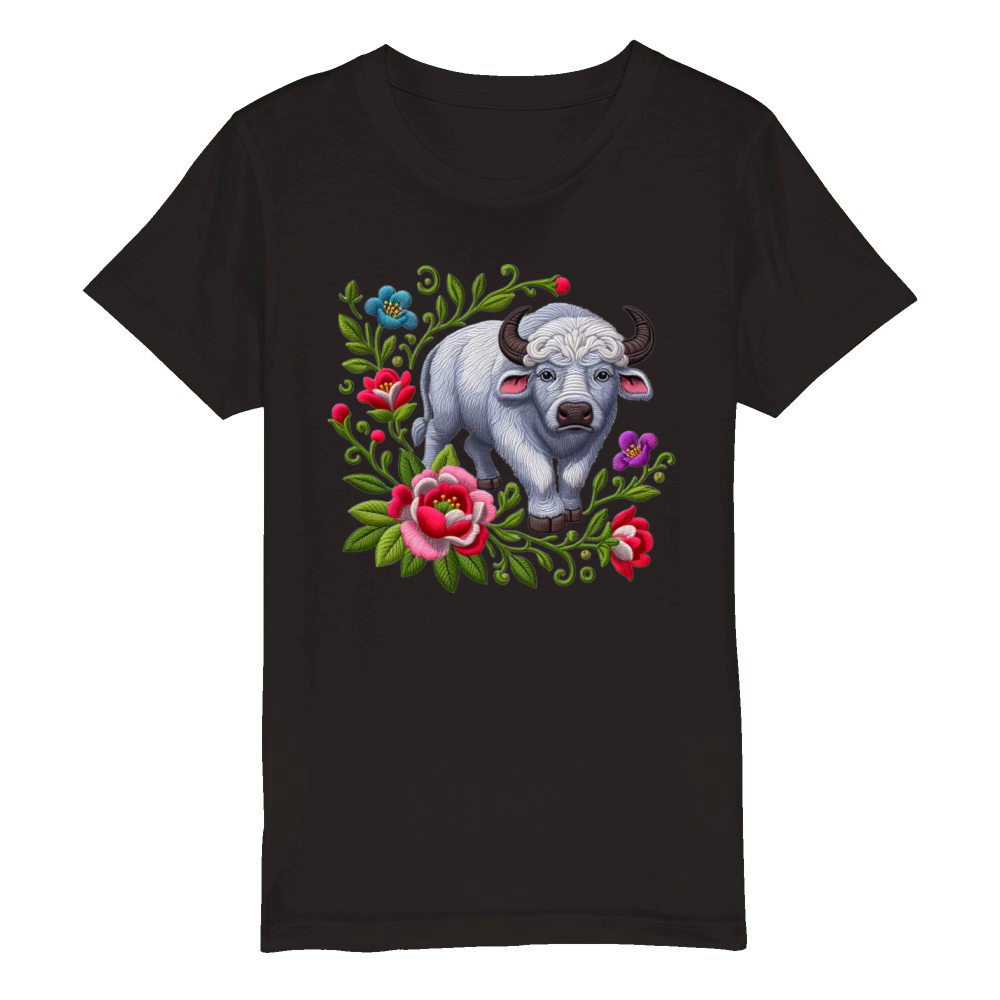Charming Buffalo with Floral Ornaments Organic Kids Crewneck T-shirt