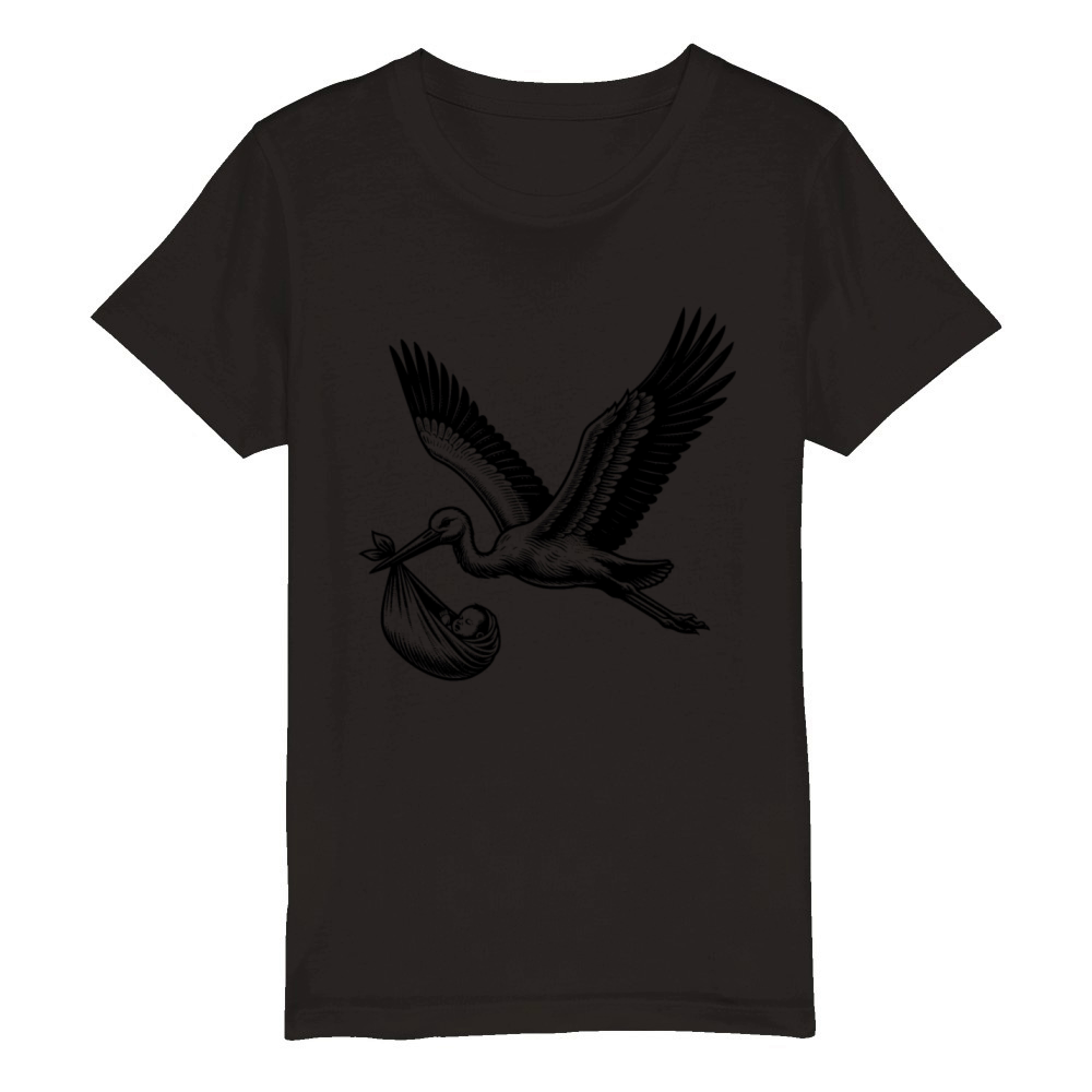 Vintage Stork Carrying Baby Illustration for New Organic Kids Crewneck T-shirt