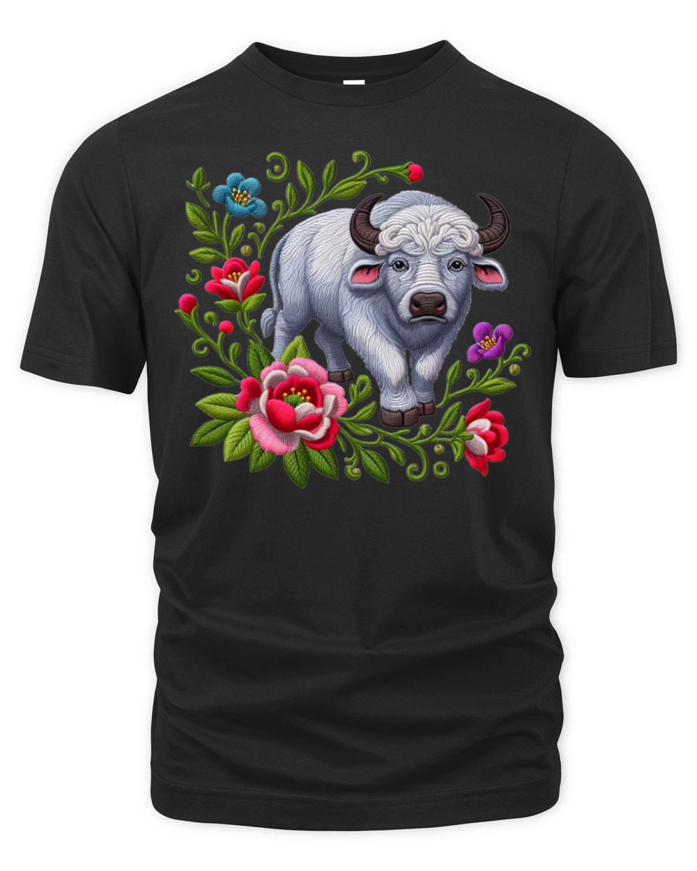 Charming Buffalo with Floral Ornaments Organic Unisex T-shirt