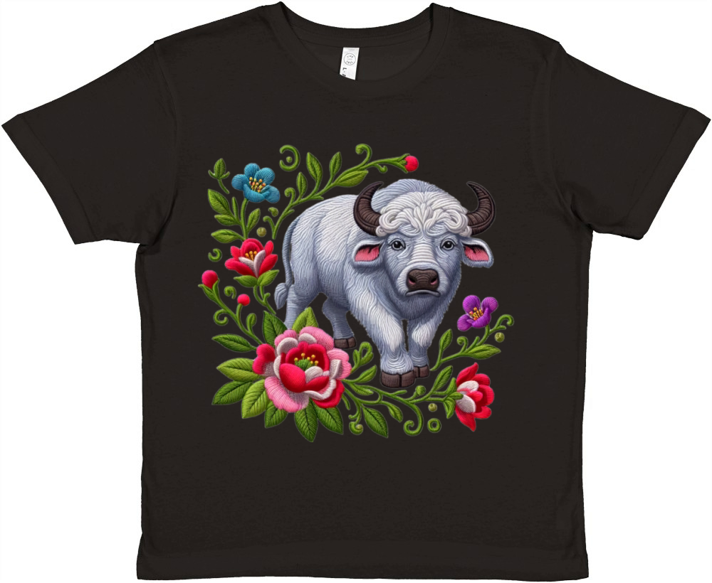 Charming Buffalo with Floral Ornaments Premium Kids Crewneck T-shirt