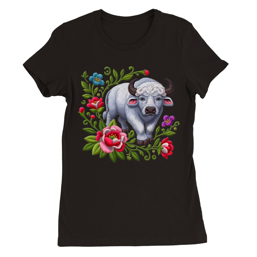 Charming Buffalo with Floral Ornaments Premium Womens Crewneck T-shirt