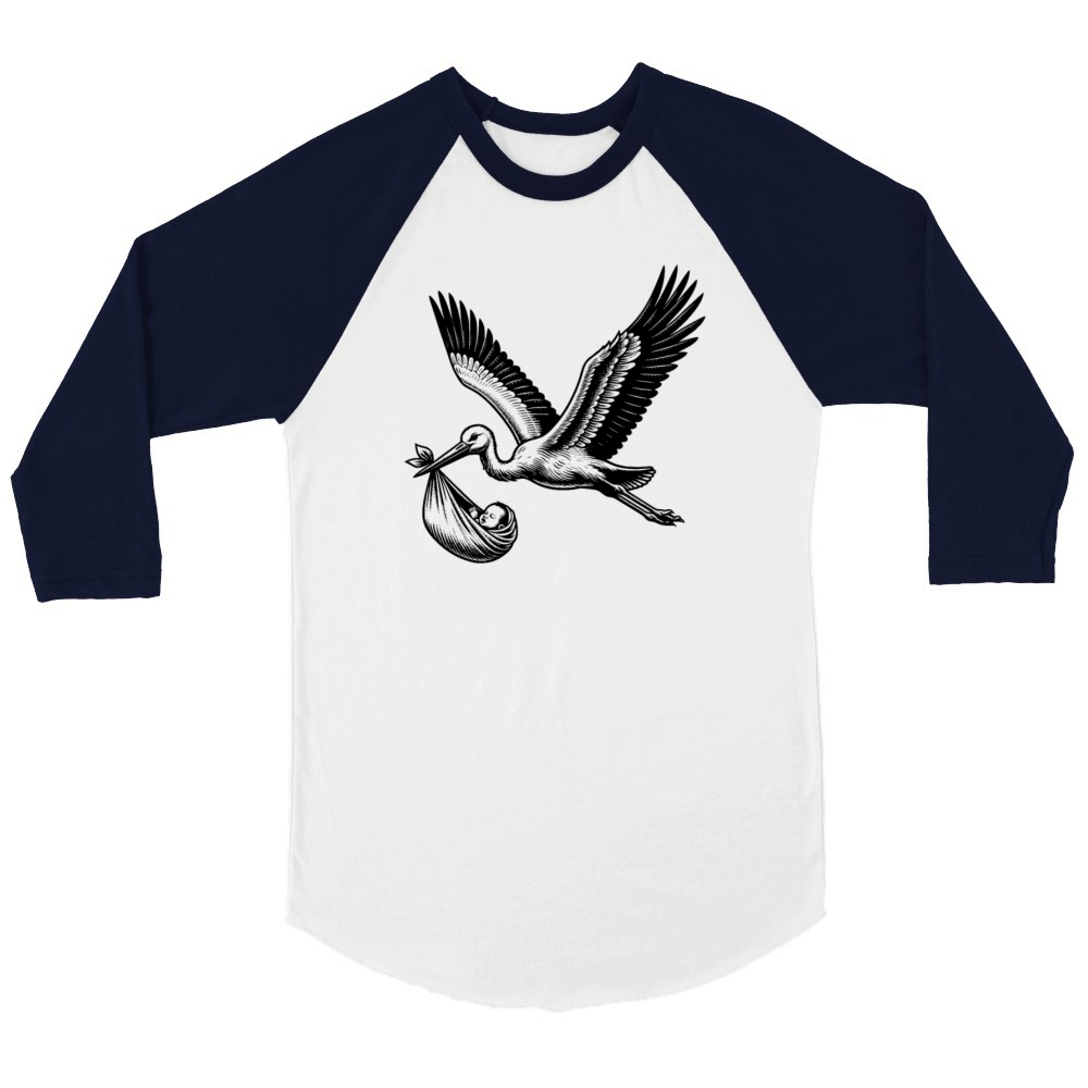 Vintage Stork Carrying Baby Illustration for New Unisex ¾ sleeve Raglan T-shirt