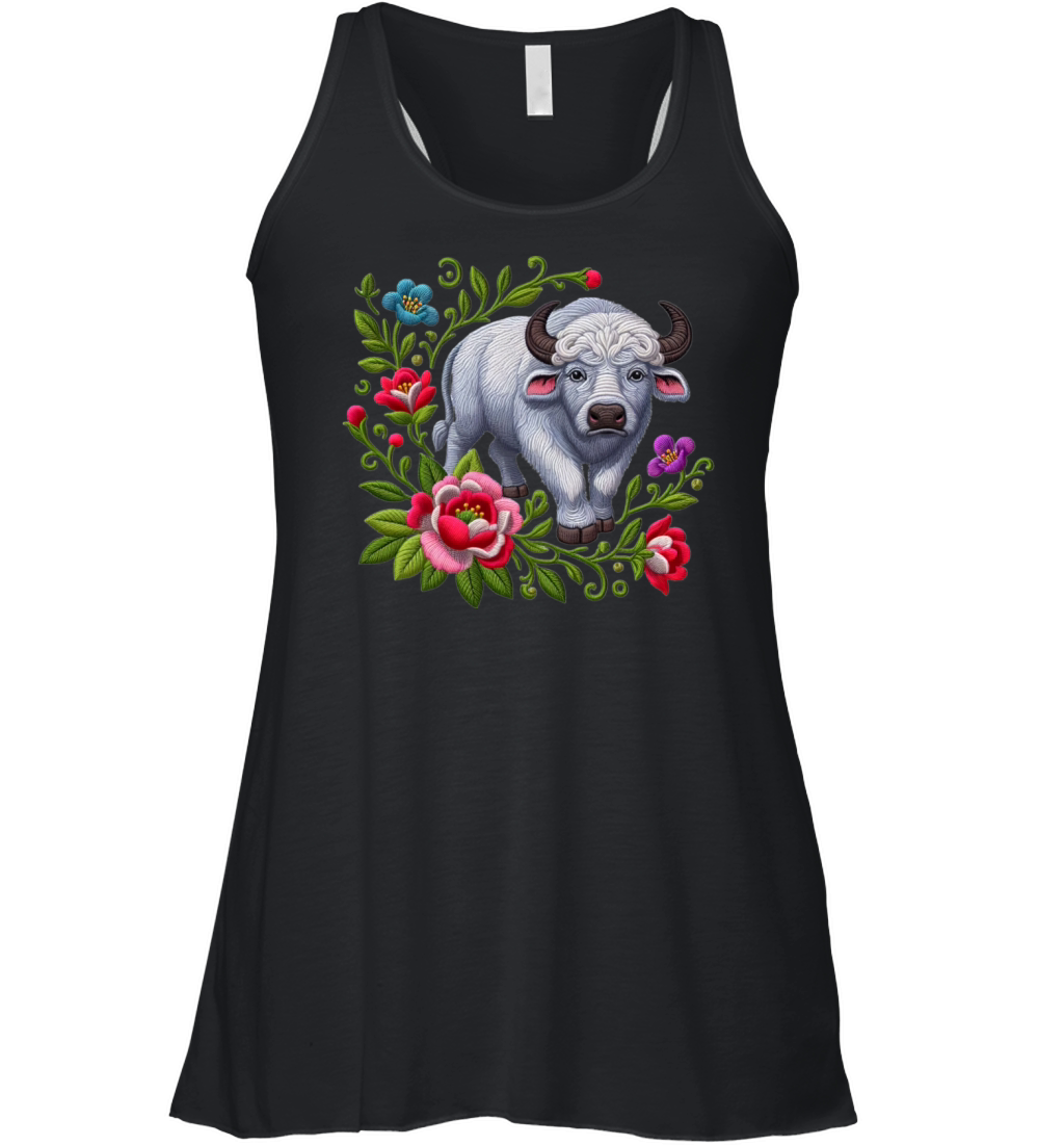 Charming Buffalo with Floral Ornaments Women's Flowy Tank Top