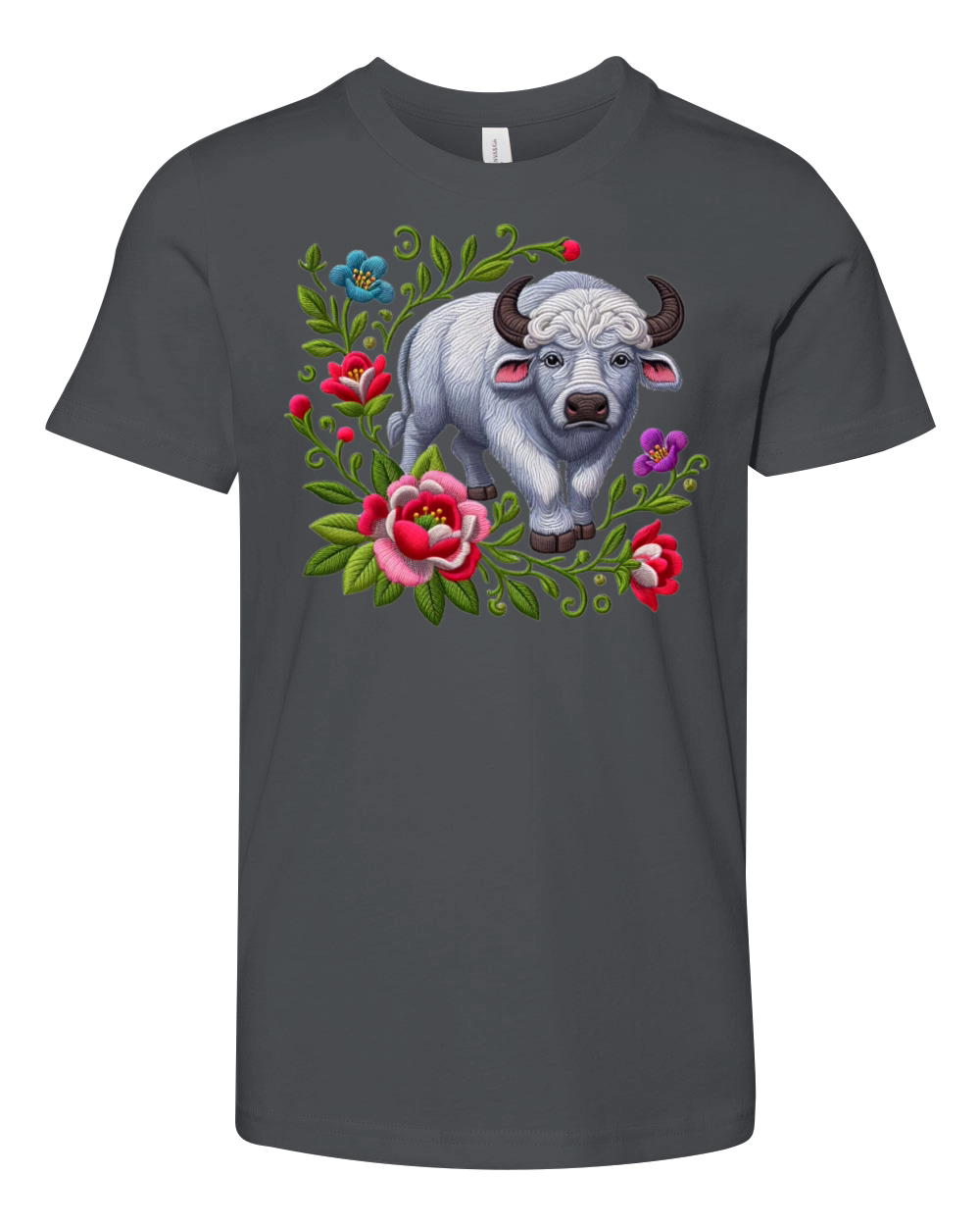 Charming Buffalo with Floral Ornaments Youth Unisex Jersey Tee