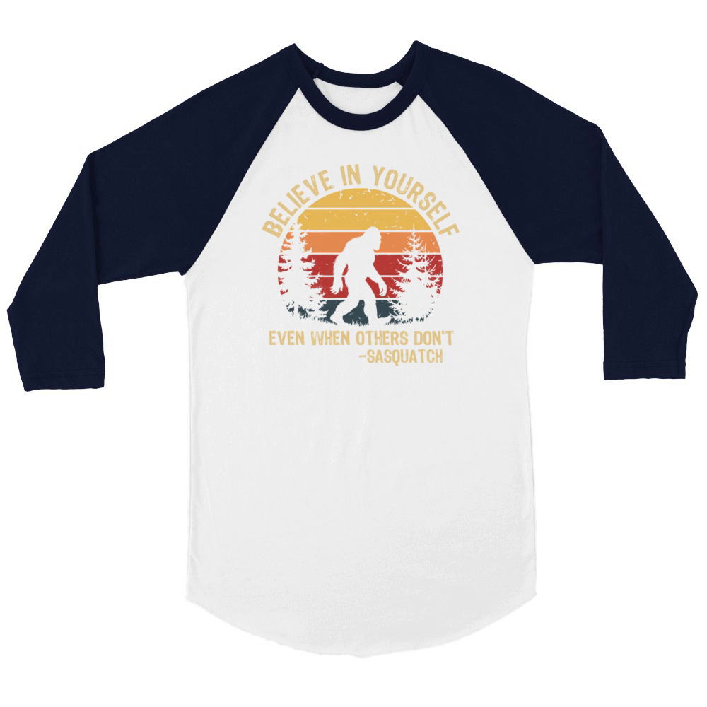 Believe in Yourself Sasquatch Retro Sunset Forest Unisex ¾ sleeve Raglan T-shirt