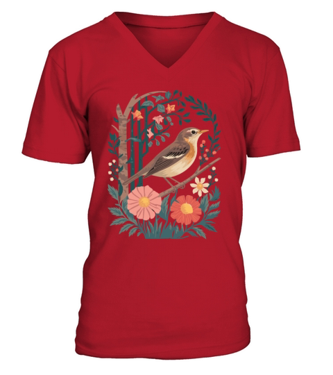 Cottagecore Bird and Floral Harmony V-Neck T-shirt