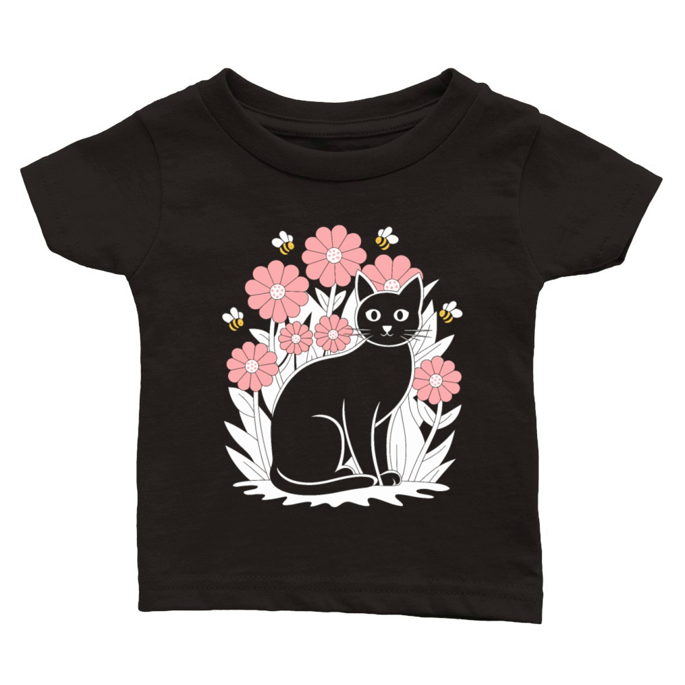 Cottagecore Black Cat with Flowers and Bees Classic Baby Crewneck T-shirt