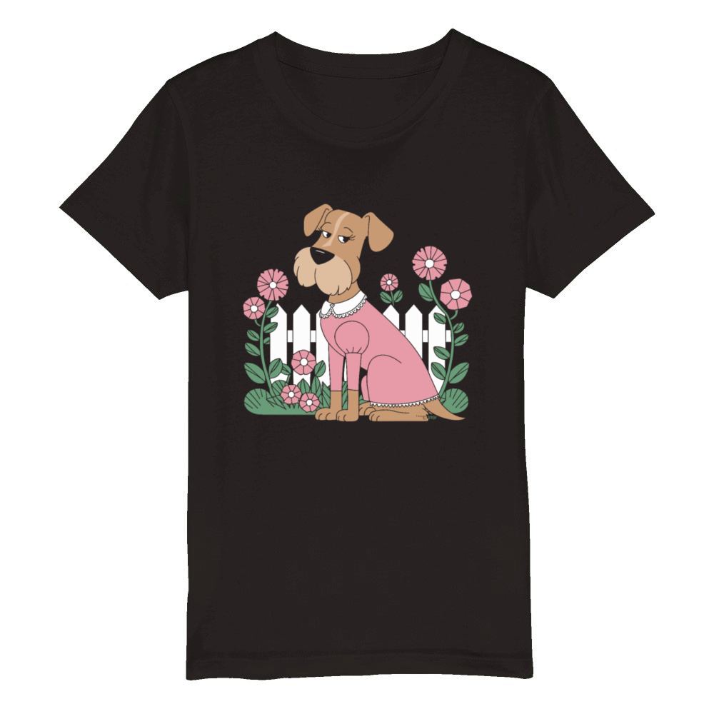 Cottagecore Dog in Pink Dress with Flowers Organic Kids Crewneck T-shirt