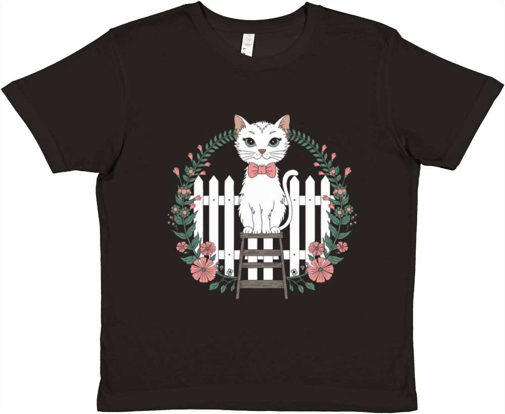 Cottagecore Cat with Floral Wreath Charm Premium Kids Crewneck T-shirt