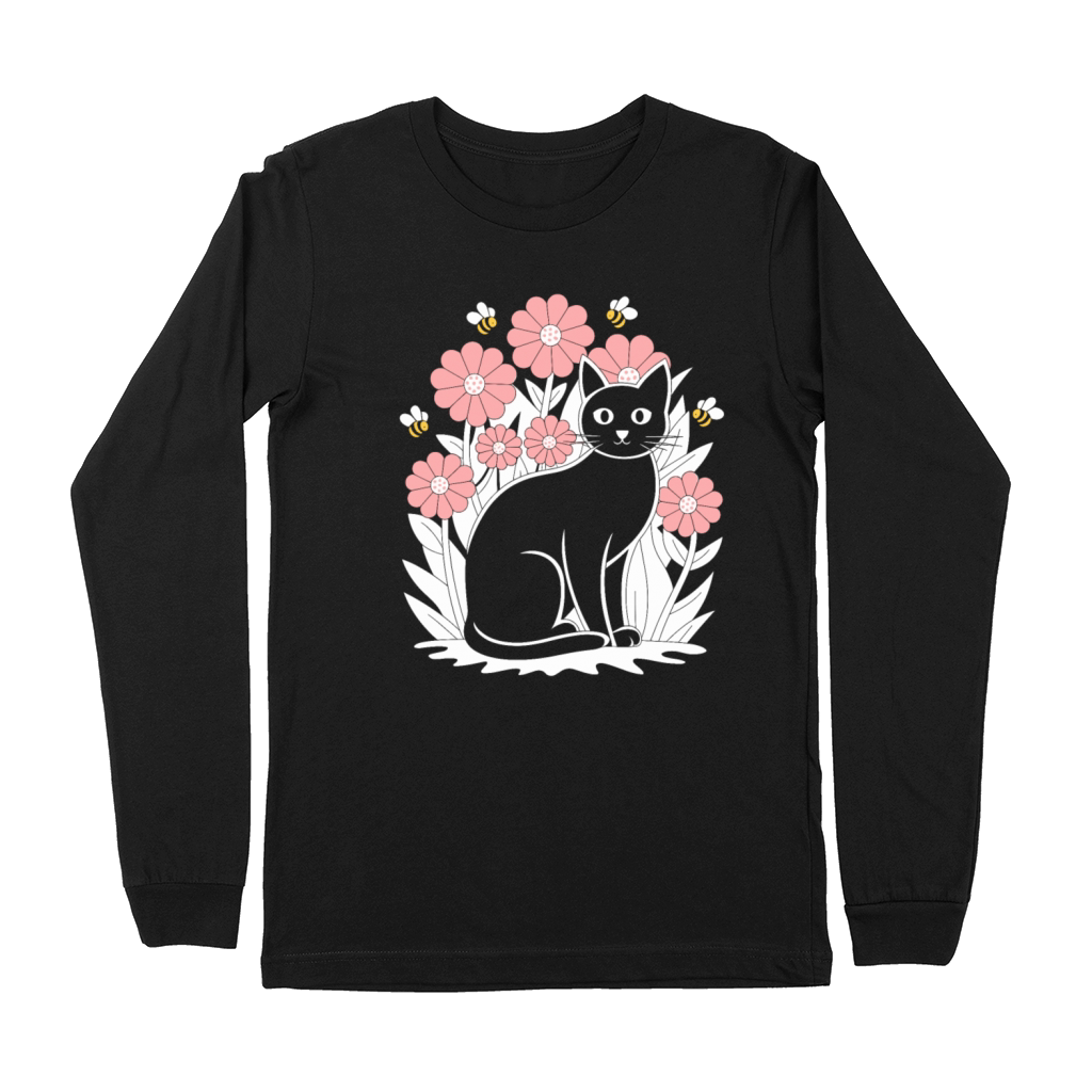 Cottagecore Black Cat with Flowers and Bees Premium Long Sleeve