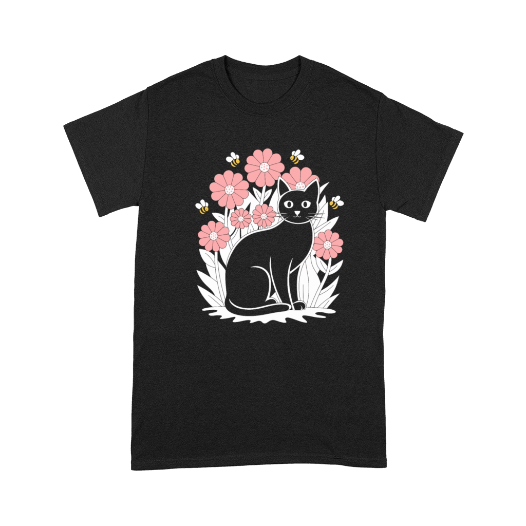 Cottagecore Black Cat with Flowers and Bees Premium T-shirt