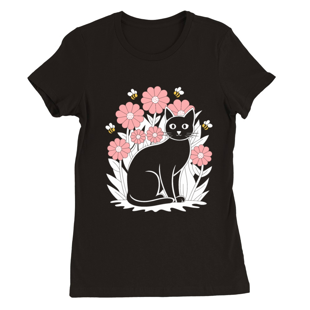 Cottagecore Black Cat with Flowers and Bees Premium Womens Crewneck T-shirt