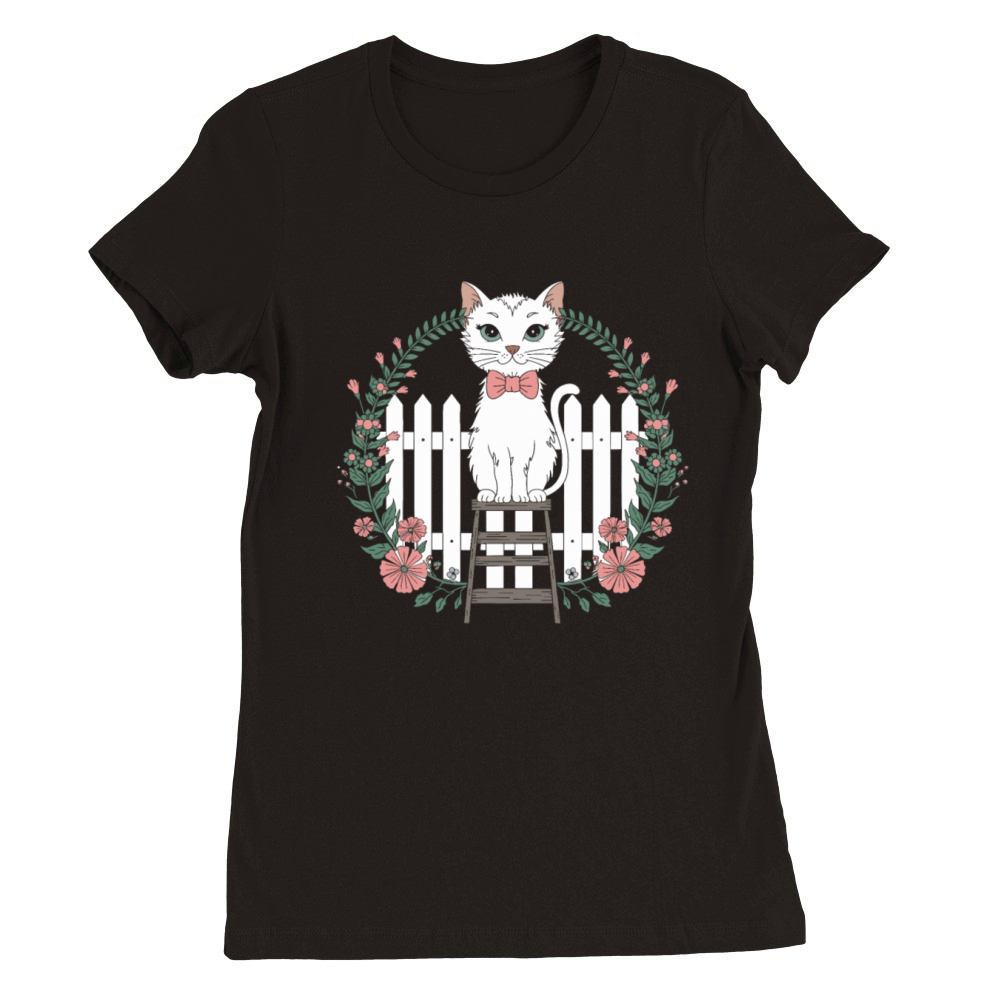 Cottagecore Cat with Floral Wreath Charm Premium Womens Crewneck T-shirt