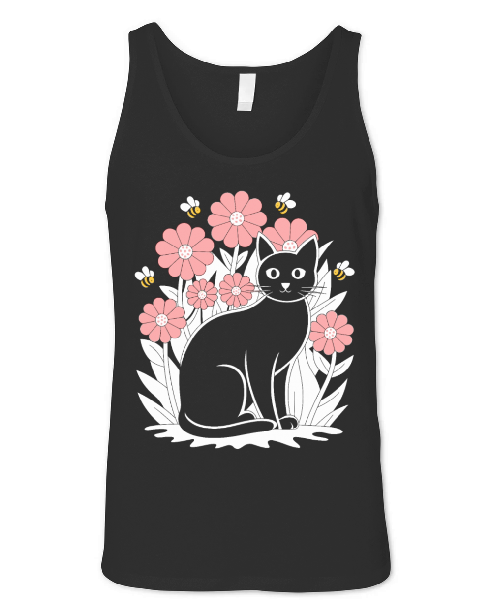 Cottagecore Black Cat with Flowers and Bees Unisex Jersey Tank