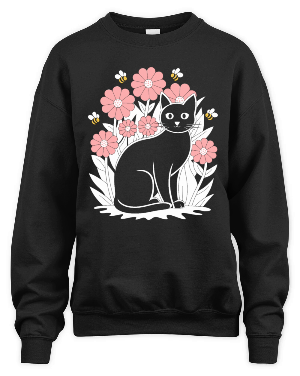 Cottagecore Black Cat with Flowers and Bees Unisex Premium Crewneck Sweatshirt
