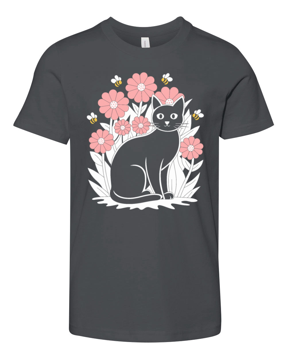 Cottagecore Black Cat with Flowers and Bees Youth Unisex Jersey Tee