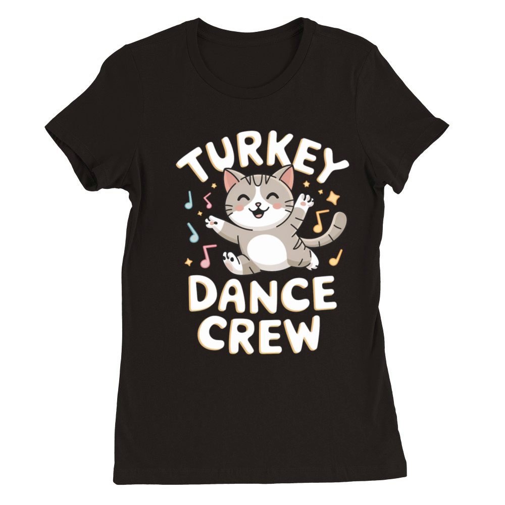 Funny Cat and Turkey Dance in Vintage Style Premium Womens Crewneck T-shirt