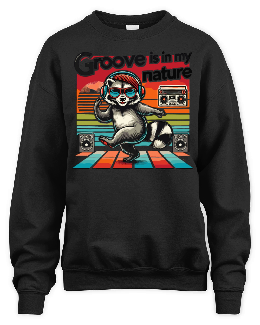 Groove is in My Nature Cool Raccoon Retro Music Unisex Premium Crewneck Sweatshirt