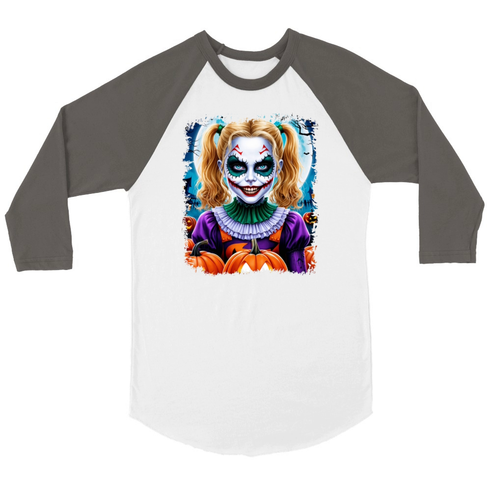 Cute blond Girl Halloween pumpkins Smile Unisex ¾ sleeve Raglan T-shirt