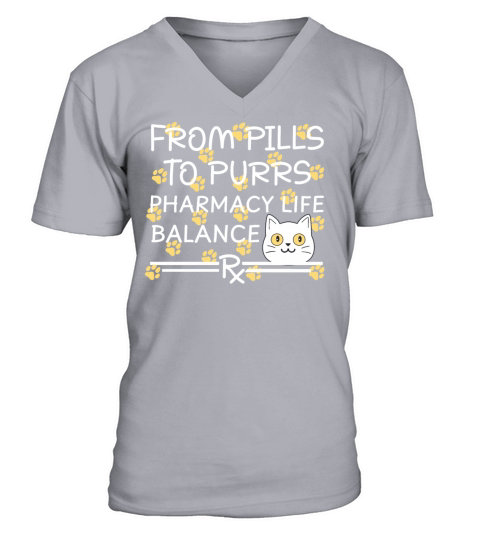 Pharmacy Cat Pills to Purrs yellow-white V-Neck T-shirt